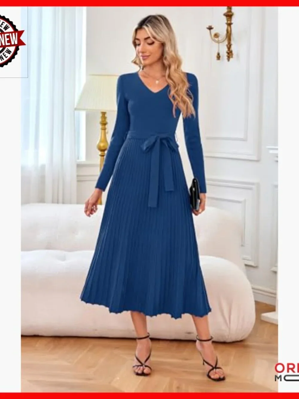 Wool Blend Tie Waist Pleated Sweater Dress Long Sleeve V Neck A Line